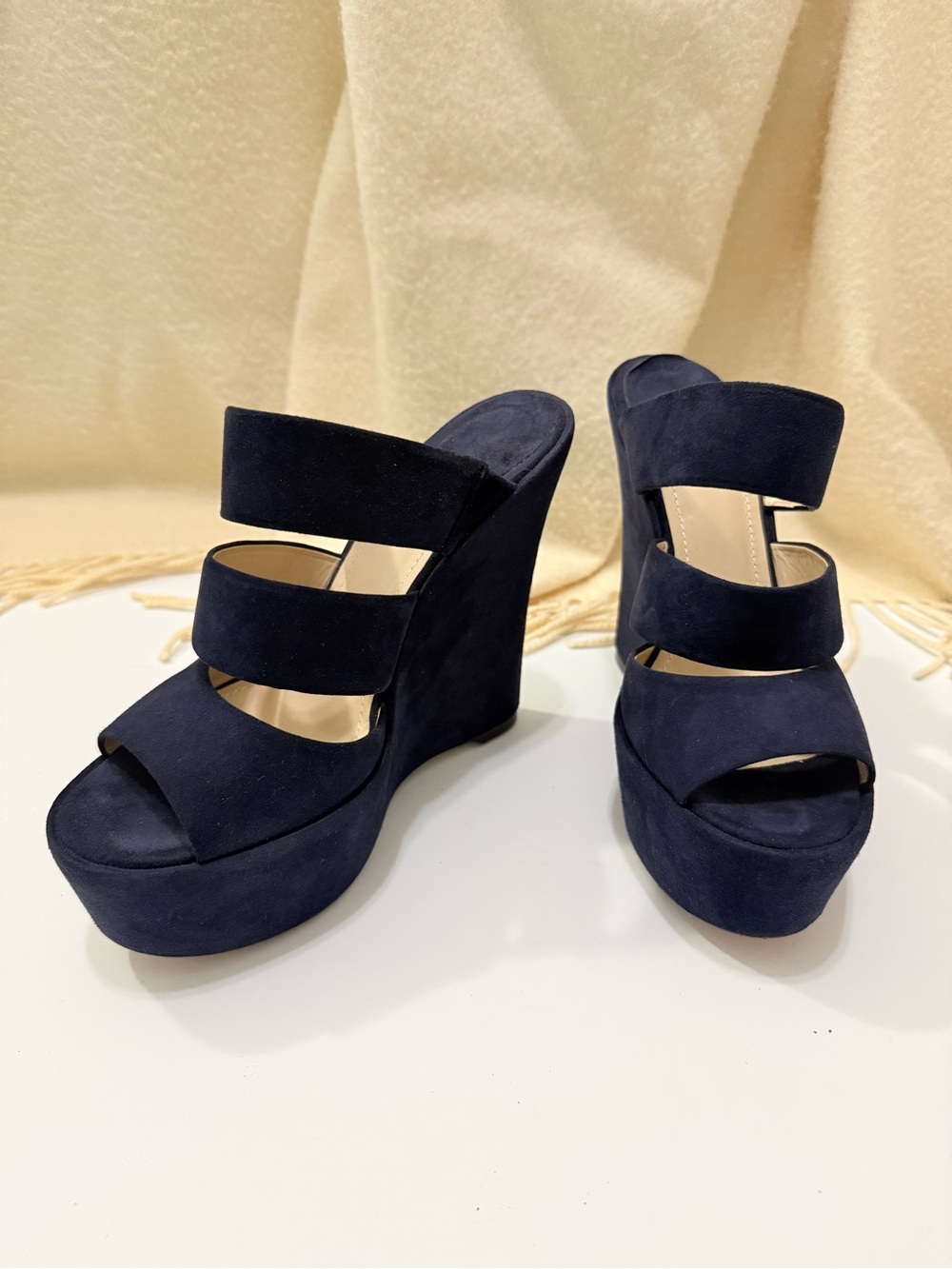 Baldan Navy Suede Wedge Platform Slide Sandals Made in Italy